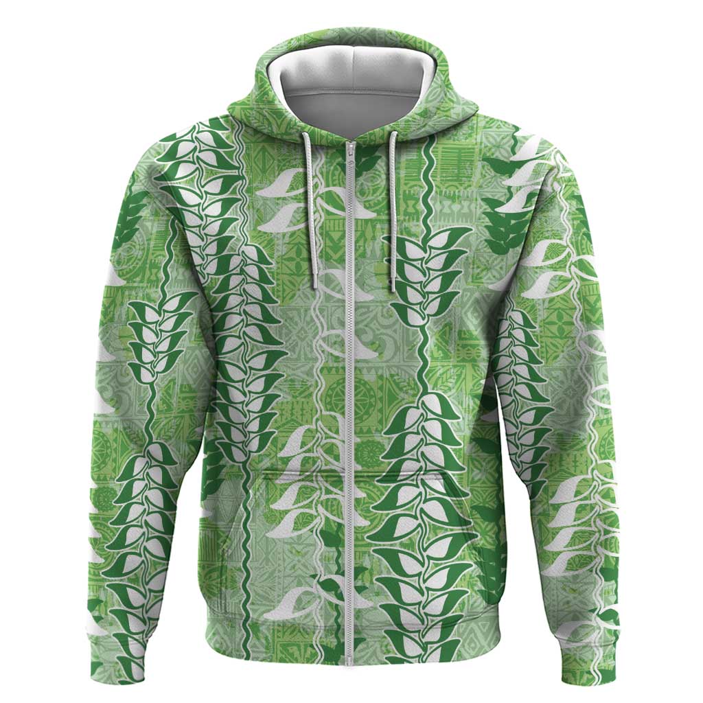 Green Hawaii Tapa Pattern Zip Hoodie With Heliconia Vintage Style