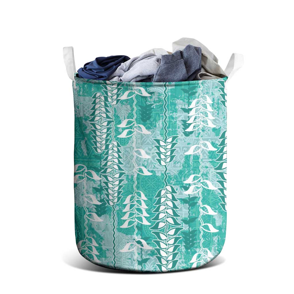 Teal Hawaii Tapa Pattern Laundry Basket With Heliconia Vintage Style