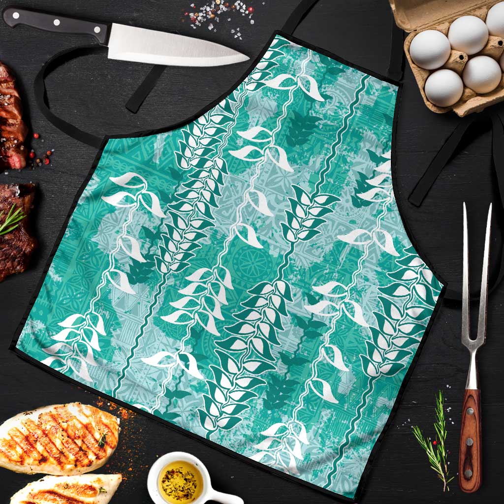 Teal Hawaii Tapa Pattern Apron With Heliconia Vintage Style