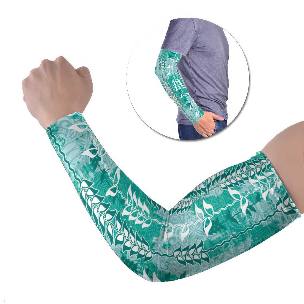 Teal Hawaii Tapa Pattern Arm Sleeves With Heliconia Vintage Style