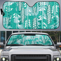 Teal Hawaii Tapa Pattern Auto Sun Shade With Heliconia Vintage Style