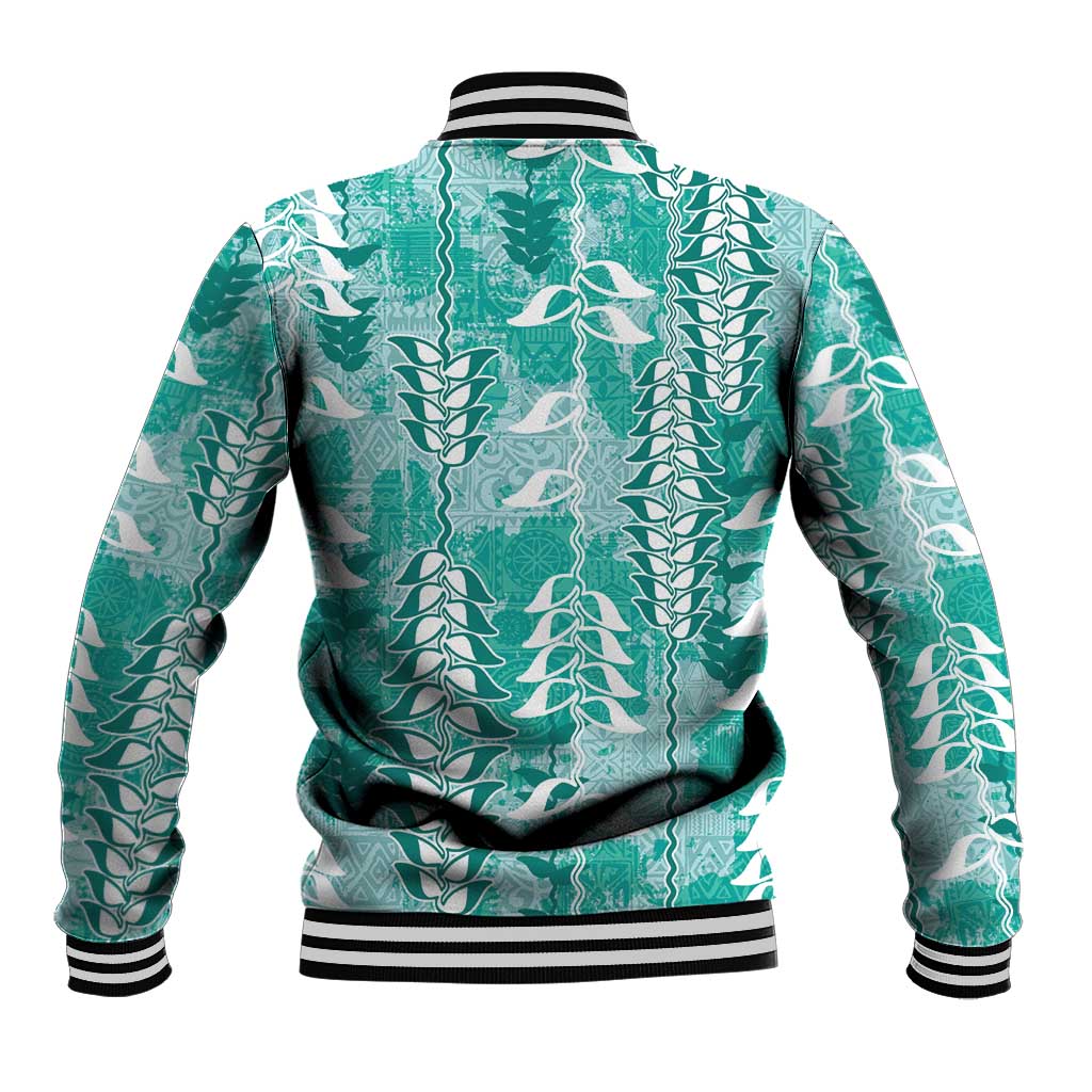 Teal Hawaii Tapa Pattern Baseball Jacket With Heliconia Vintage Style