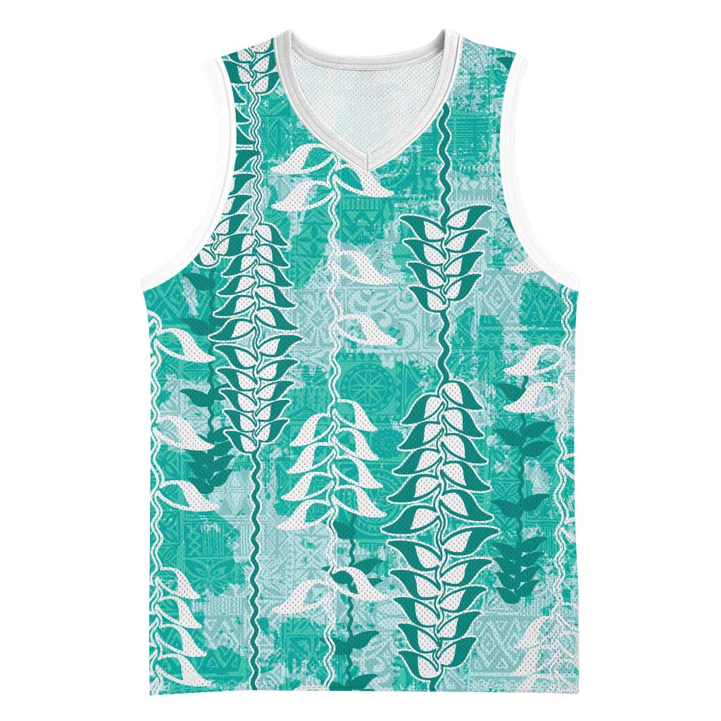 Teal Hawaii Tapa Pattern Basketball Jersey With Heliconia Vintage Style