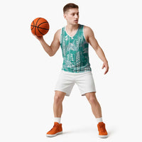 Teal Hawaii Tapa Pattern Basketball Jersey With Heliconia Vintage Style