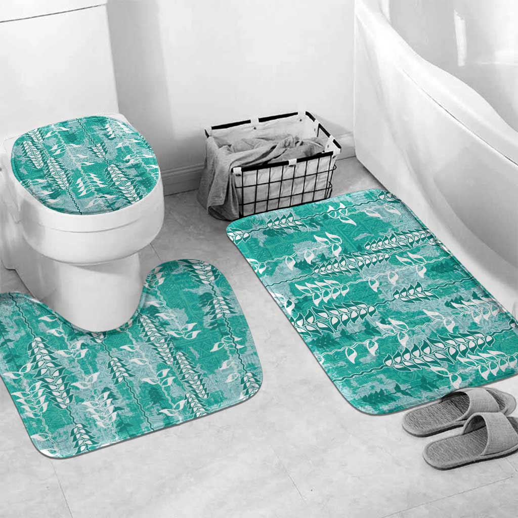 Teal Hawaii Tapa Pattern Bathroom Set With Heliconia Vintage Style