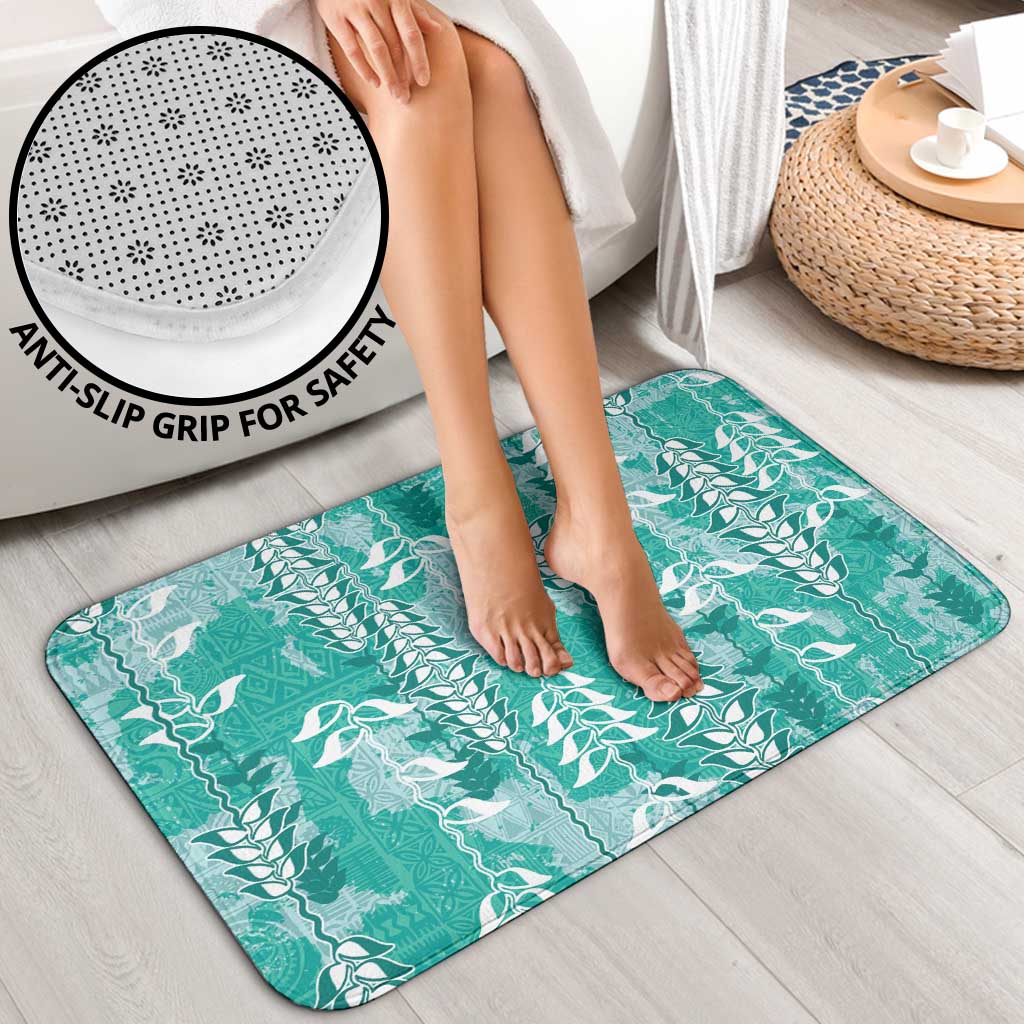 Teal Hawaii Tapa Pattern Bathroom Set With Heliconia Vintage Style