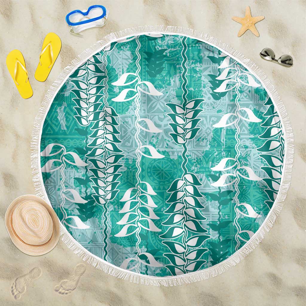 Teal Hawaii Tapa Pattern Beach Blanket With Heliconia Vintage Style