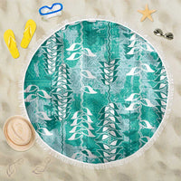 Teal Hawaii Tapa Pattern Beach Blanket With Heliconia Vintage Style