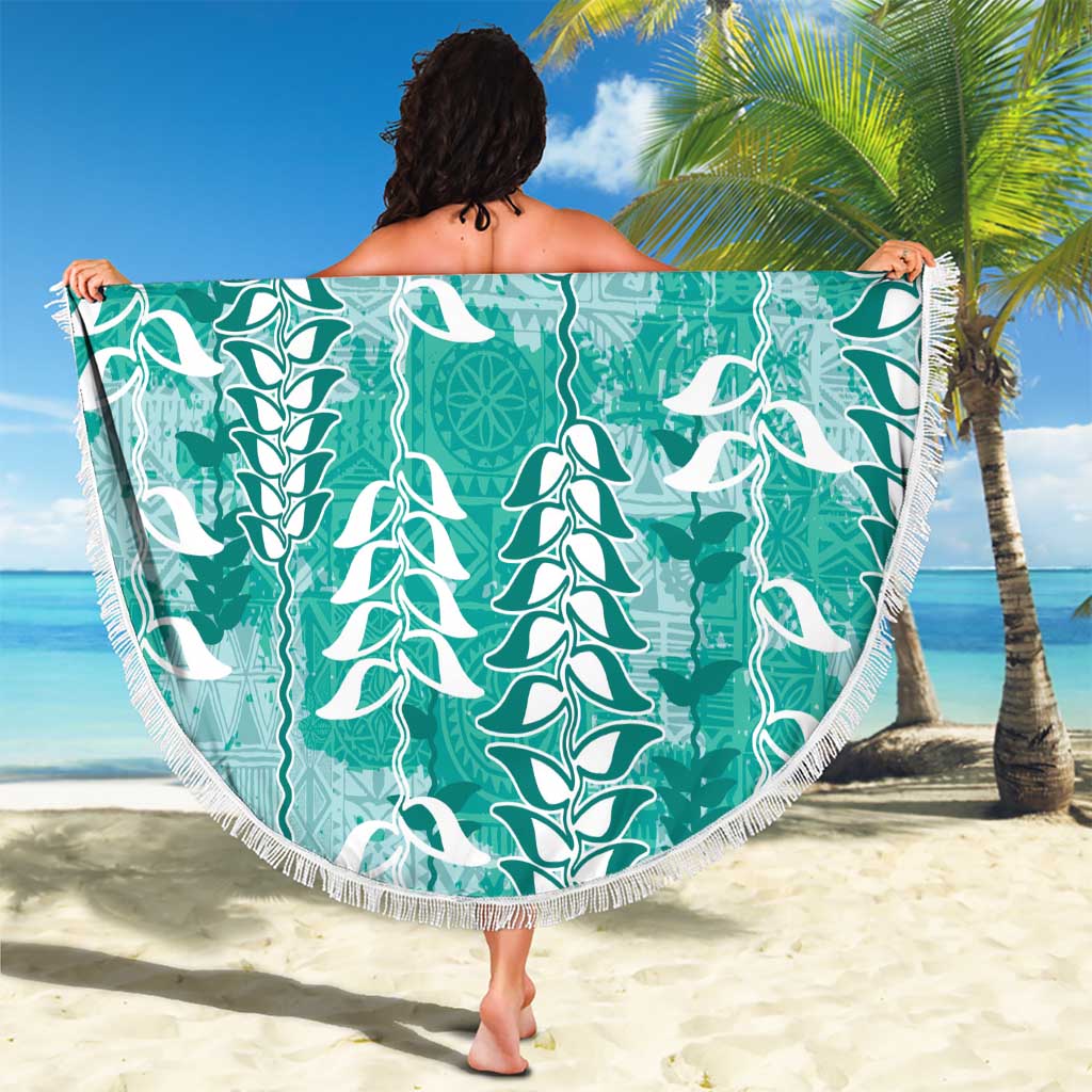 Teal Hawaii Tapa Pattern Beach Blanket With Heliconia Vintage Style