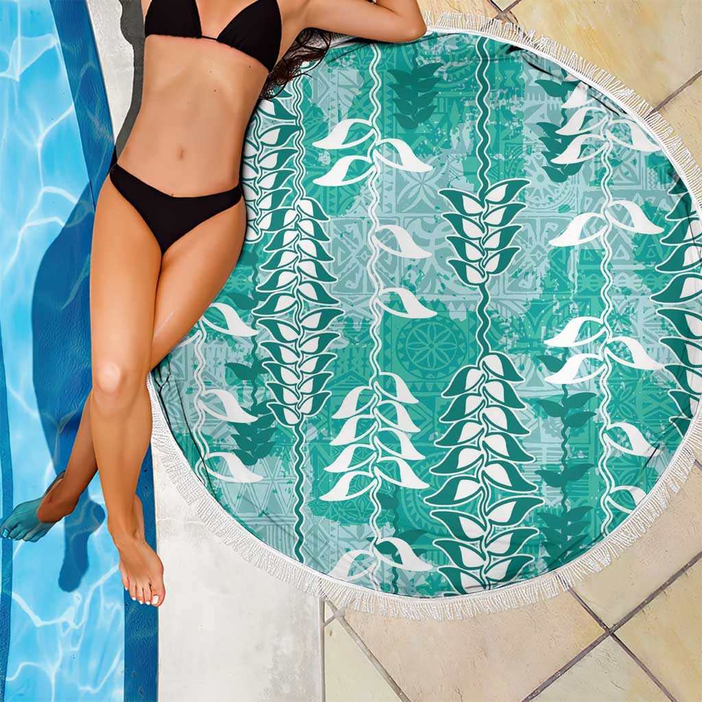 Teal Hawaii Tapa Pattern Beach Blanket With Heliconia Vintage Style