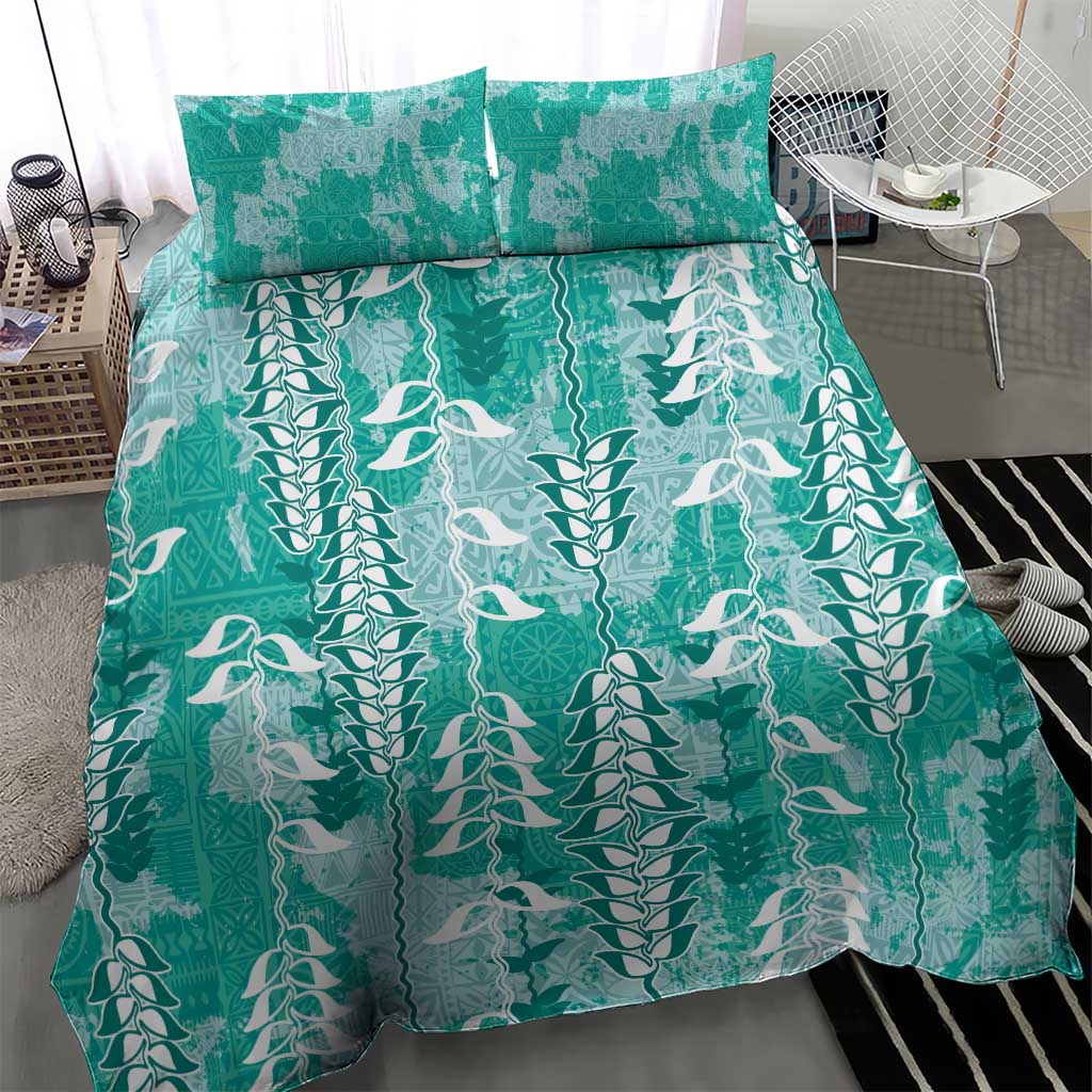 Teal Hawaii Tapa Pattern Bedding Set With Heliconia Vintage Style