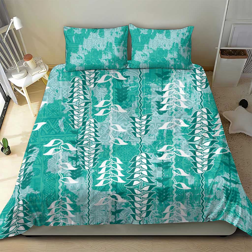 Teal Hawaii Tapa Pattern Bedding Set With Heliconia Vintage Style