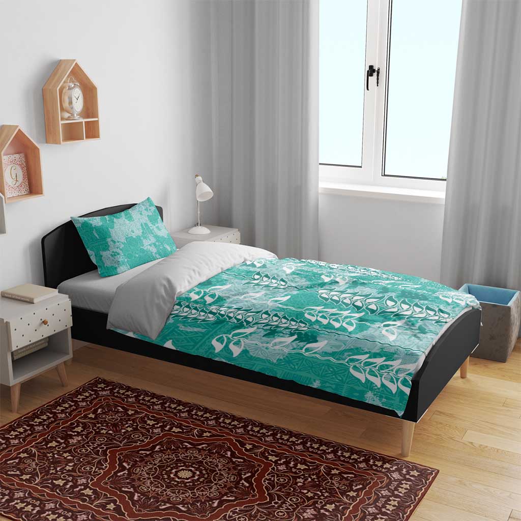 Teal Hawaii Tapa Pattern Bedding Set With Heliconia Vintage Style