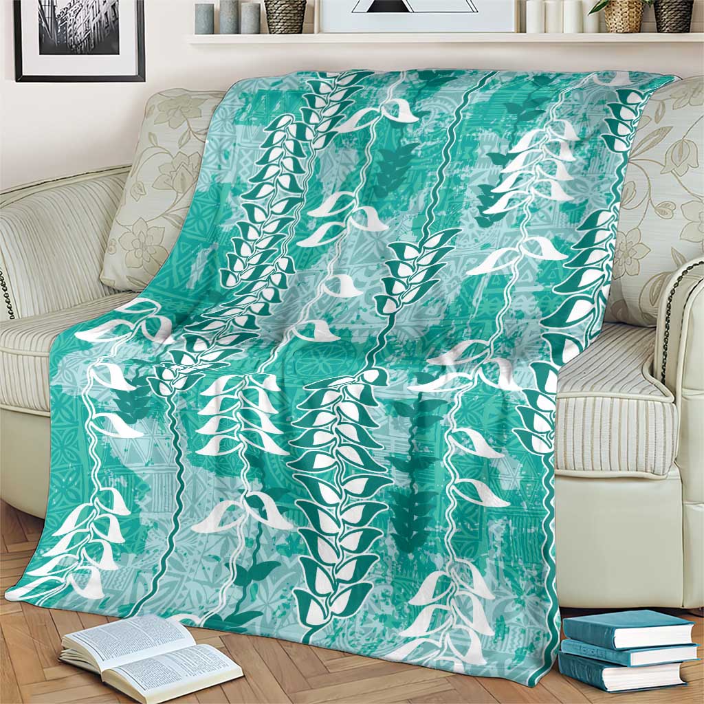Teal Hawaii Tapa Pattern Blanket With Heliconia Vintage Style