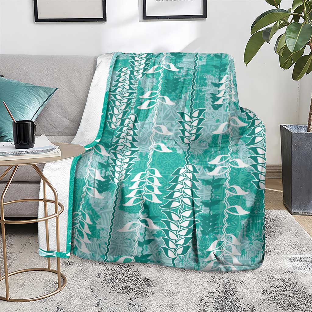 Teal Hawaii Tapa Pattern Blanket With Heliconia Vintage Style