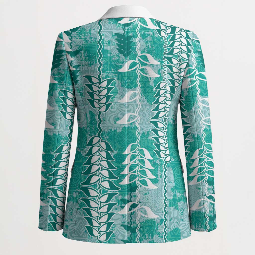 Teal Hawaii Tapa Pattern Blazer With Heliconia Vintage Style