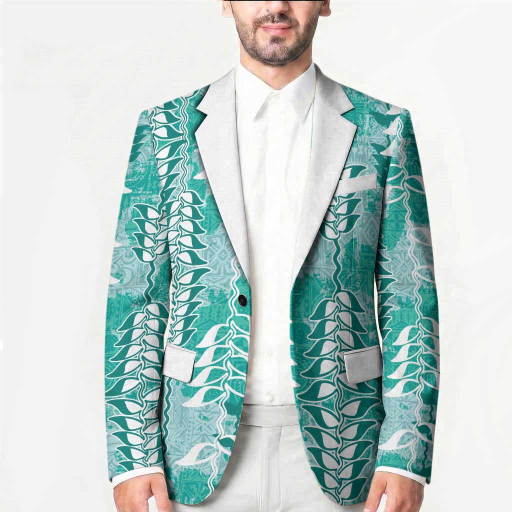 Teal Hawaii Tapa Pattern Blazer With Heliconia Vintage Style