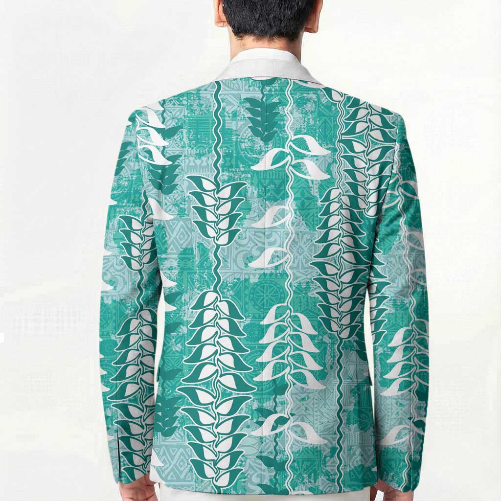 Teal Hawaii Tapa Pattern Blazer With Heliconia Vintage Style
