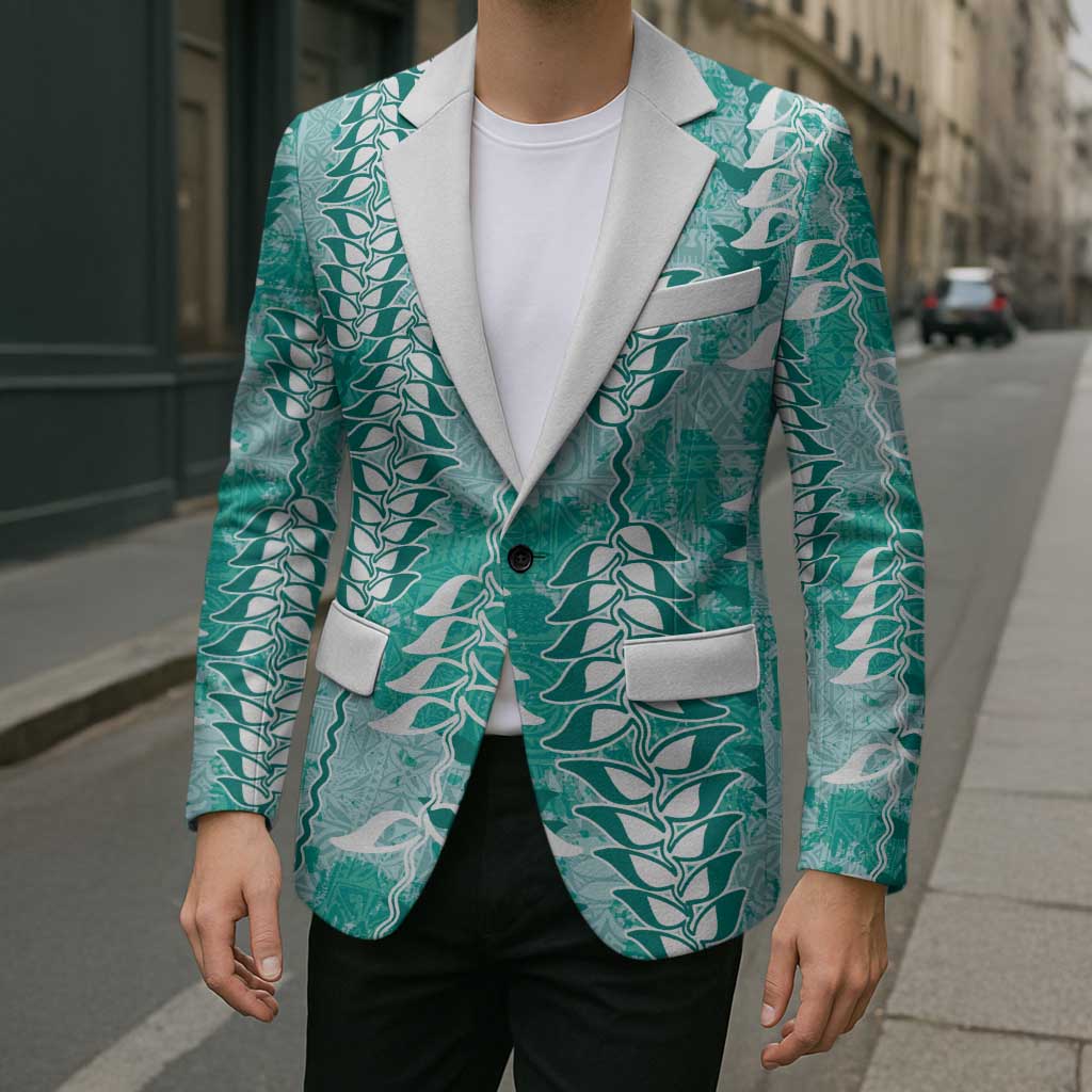 Teal Hawaii Tapa Pattern Blazer With Heliconia Vintage Style