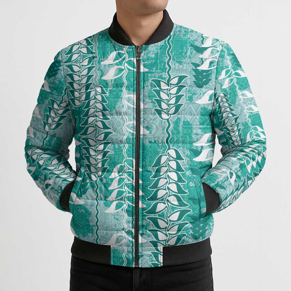 Teal Hawaii Tapa Pattern Bomber Puffer Jacket With Heliconia Vintage Style