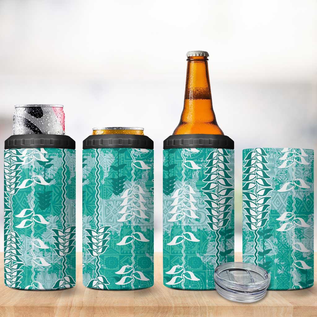 Teal Hawaii Tapa Pattern 4 in 1 Can Cooler Tumbler With Heliconia Vintage Style