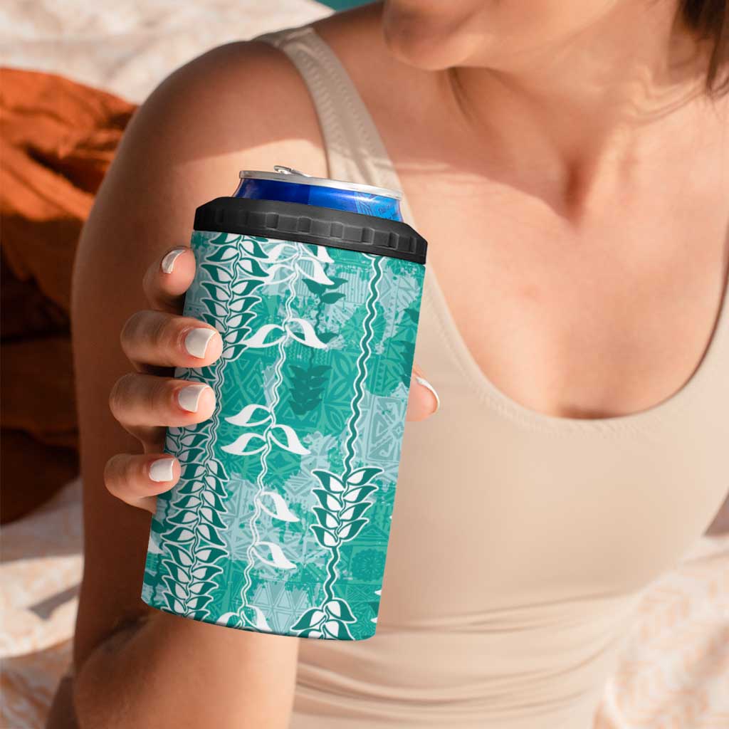 Teal Hawaii Tapa Pattern 4 in 1 Can Cooler Tumbler With Heliconia Vintage Style