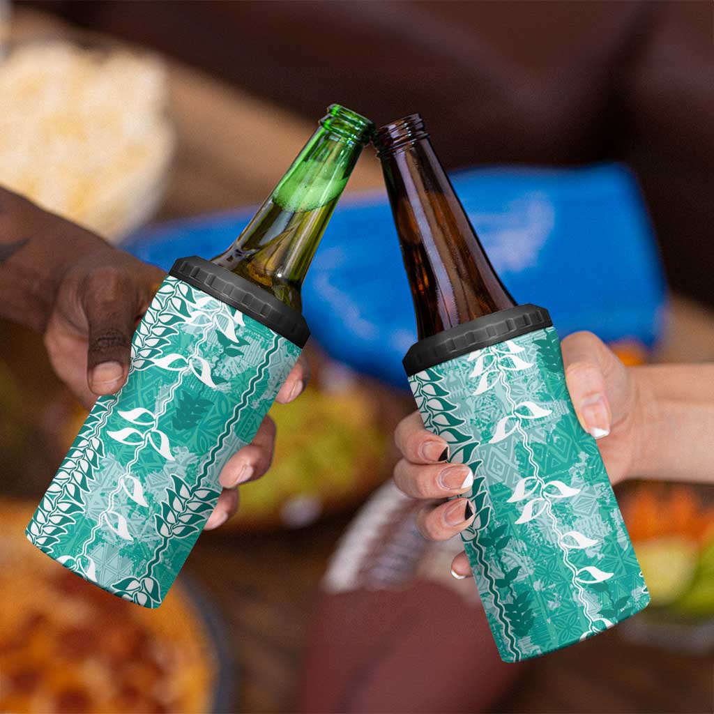 Teal Hawaii Tapa Pattern 4 in 1 Can Cooler Tumbler With Heliconia Vintage Style