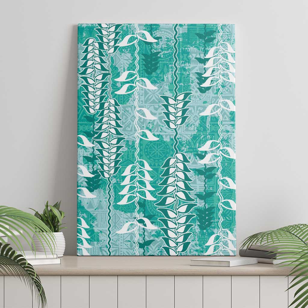 Teal Hawaii Tapa Pattern Canvas Wall Art With Heliconia Vintage Style