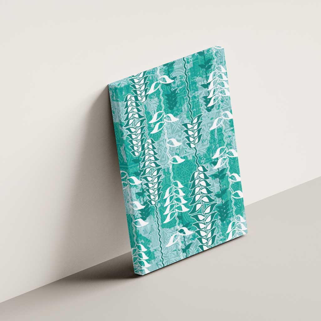 Teal Hawaii Tapa Pattern Canvas Wall Art With Heliconia Vintage Style