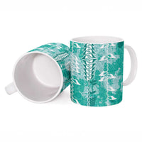 Teal Hawaii Tapa Pattern Ceramic Mug With Heliconia Vintage Style