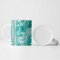 Teal Hawaii Tapa Pattern Ceramic Mug With Heliconia Vintage Style