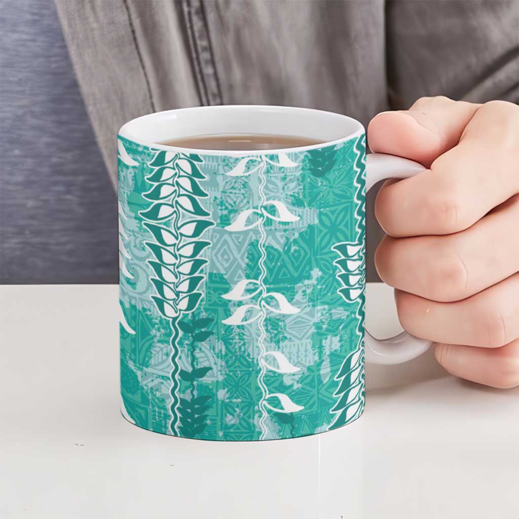 Teal Hawaii Tapa Pattern Ceramic Mug With Heliconia Vintage Style