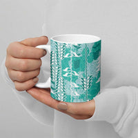 Teal Hawaii Tapa Pattern Ceramic Mug With Heliconia Vintage Style
