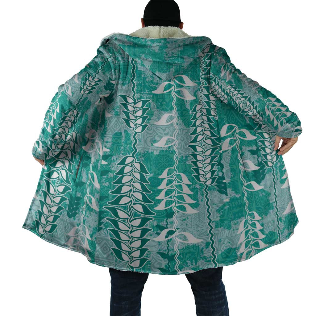 Teal Hawaii Tapa Pattern Cloak With Heliconia Vintage Style