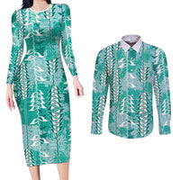 Teal Hawaii Tapa Pattern Couples Matching Long Sleeve Bodycon Dress and Long Sleeve Button Shirt With Heliconia Vintage Style