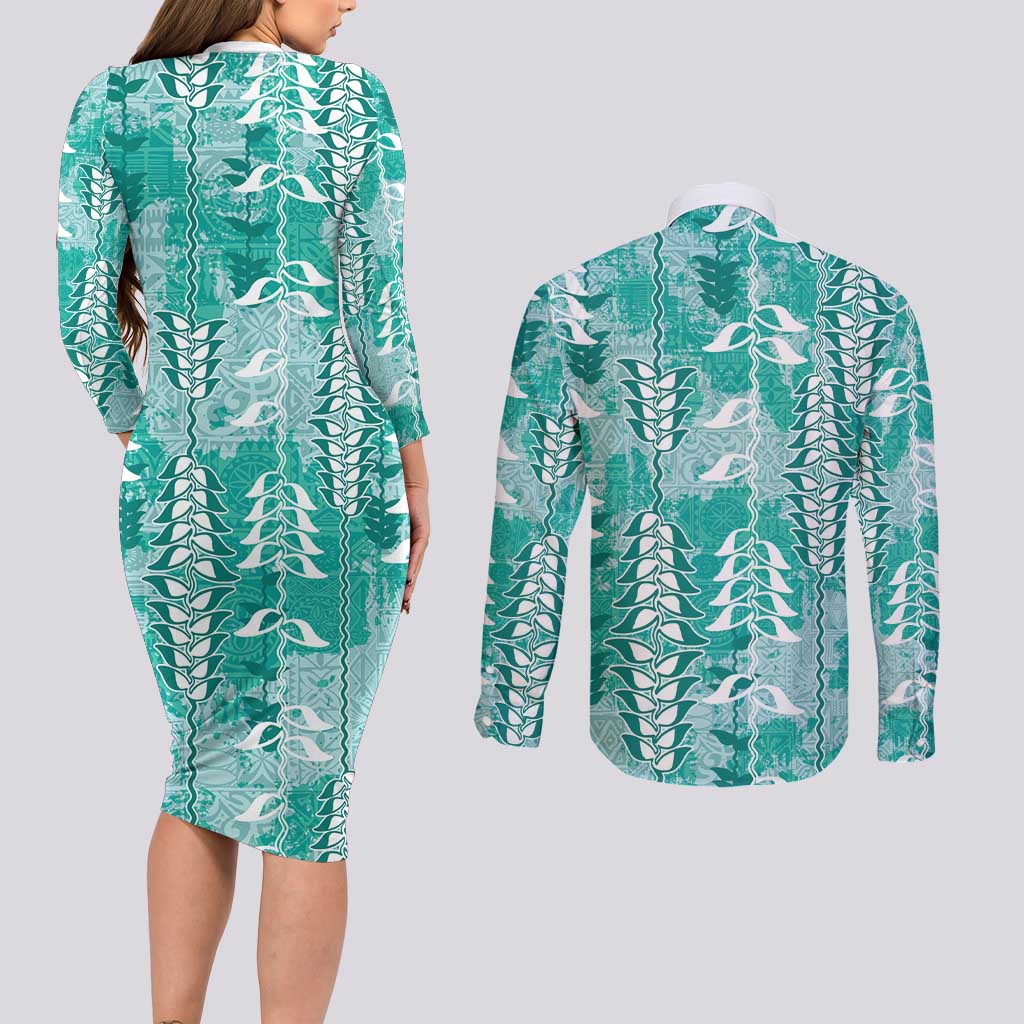 Teal Hawaii Tapa Pattern Couples Matching Long Sleeve Bodycon Dress and Long Sleeve Button Shirt With Heliconia Vintage Style