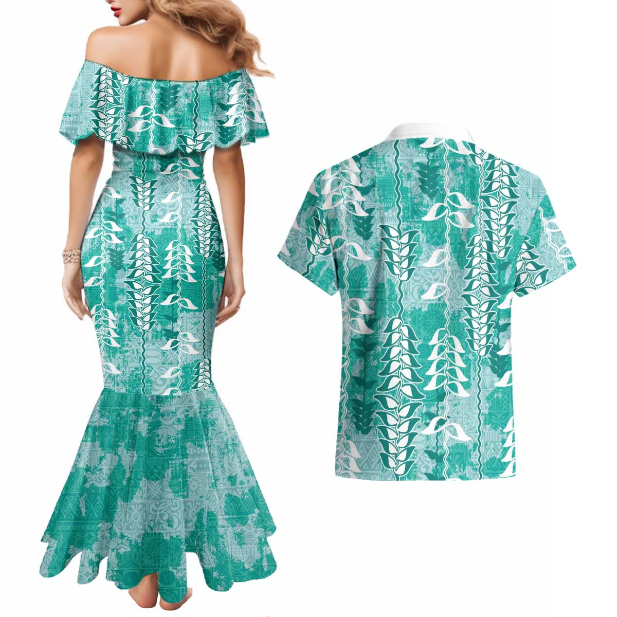 Teal Hawaii Tapa Pattern Couples Matching Mermaid Dress and Hawaiian Shirt With Heliconia Vintage Style