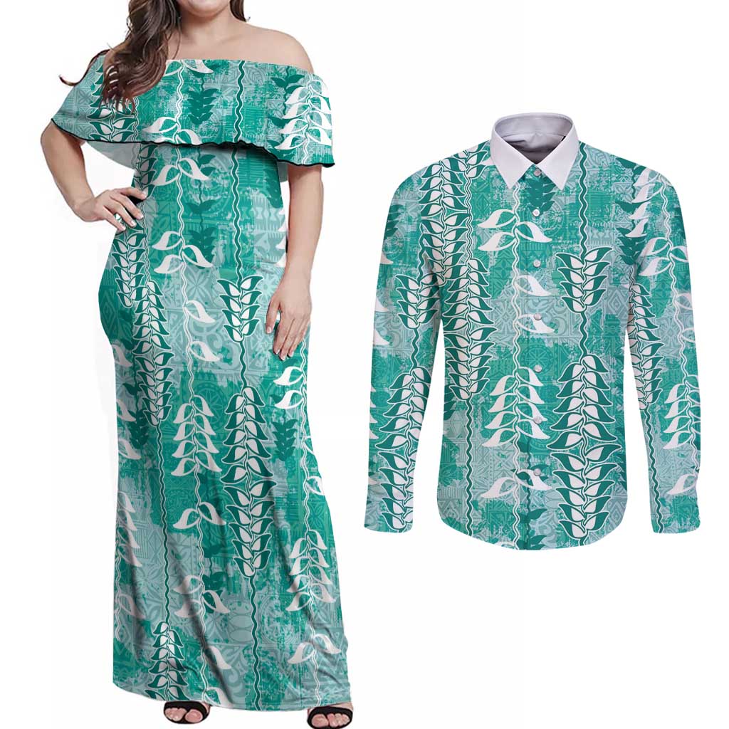 Teal Hawaii Tapa Pattern Couples Matching Off Shoulder Maxi Dress and Long Sleeve Button Shirt With Heliconia Vintage Style