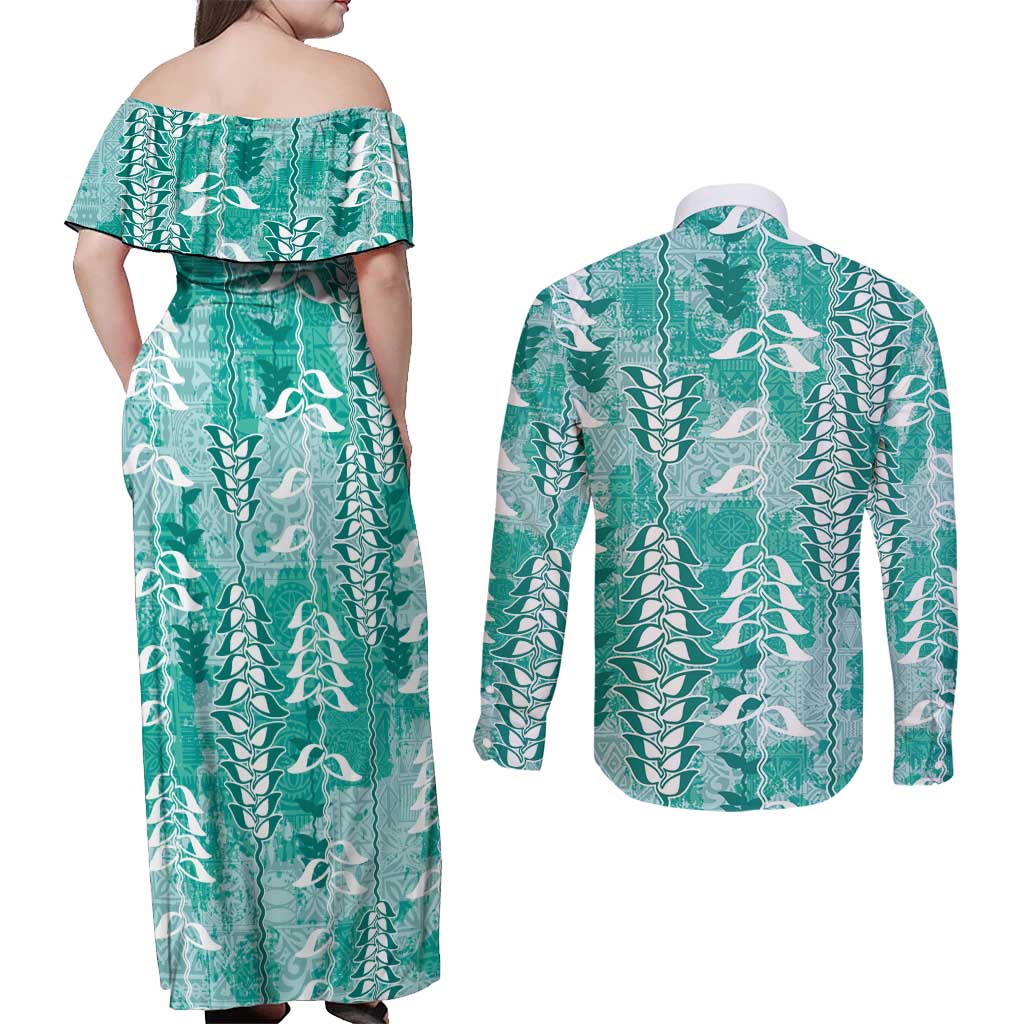 Teal Hawaii Tapa Pattern Couples Matching Off Shoulder Maxi Dress and Long Sleeve Button Shirt With Heliconia Vintage Style