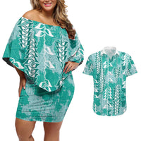 Teal Hawaii Tapa Pattern Couples Matching Off Shoulder Short Dress and Hawaiian Shirt With Heliconia Vintage Style