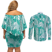 Teal Hawaii Tapa Pattern Couples Matching Off Shoulder Short Dress and Long Sleeve Button Shirt With Heliconia Vintage Style