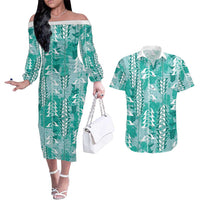 Teal Hawaii Tapa Pattern Couples Matching Off The Shoulder Long Sleeve Dress and Hawaiian Shirt With Heliconia Vintage Style