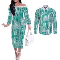 Teal Hawaii Tapa Pattern Couples Matching Off The Shoulder Long Sleeve Dress and Long Sleeve Button Shirt With Heliconia Vintage Style