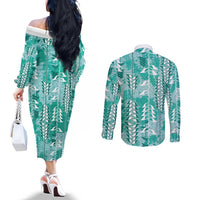 Teal Hawaii Tapa Pattern Couples Matching Off The Shoulder Long Sleeve Dress and Long Sleeve Button Shirt With Heliconia Vintage Style