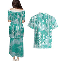 Teal Hawaii Tapa Pattern Couples Matching Puletasi and Hawaiian Shirt With Heliconia Vintage Style