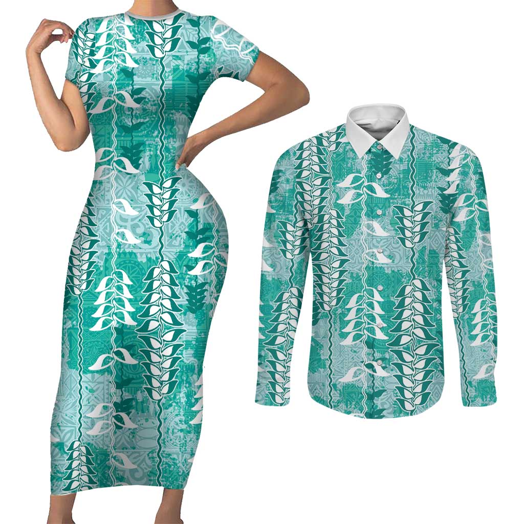 Teal Hawaii Tapa Pattern Couples Matching Short Sleeve Bodycon Dress and Long Sleeve Button Shirt With Heliconia Vintage Style