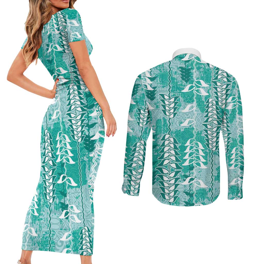 Teal Hawaii Tapa Pattern Couples Matching Short Sleeve Bodycon Dress and Long Sleeve Button Shirt With Heliconia Vintage Style