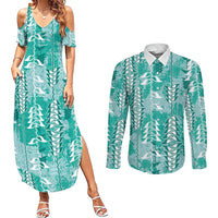 Teal Hawaii Tapa Pattern Couples Matching Summer Maxi Dress and Long Sleeve Button Shirt With Heliconia Vintage Style