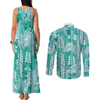 Teal Hawaii Tapa Pattern Couples Matching Tank Maxi Dress and Long Sleeve Button Shirt With Heliconia Vintage Style