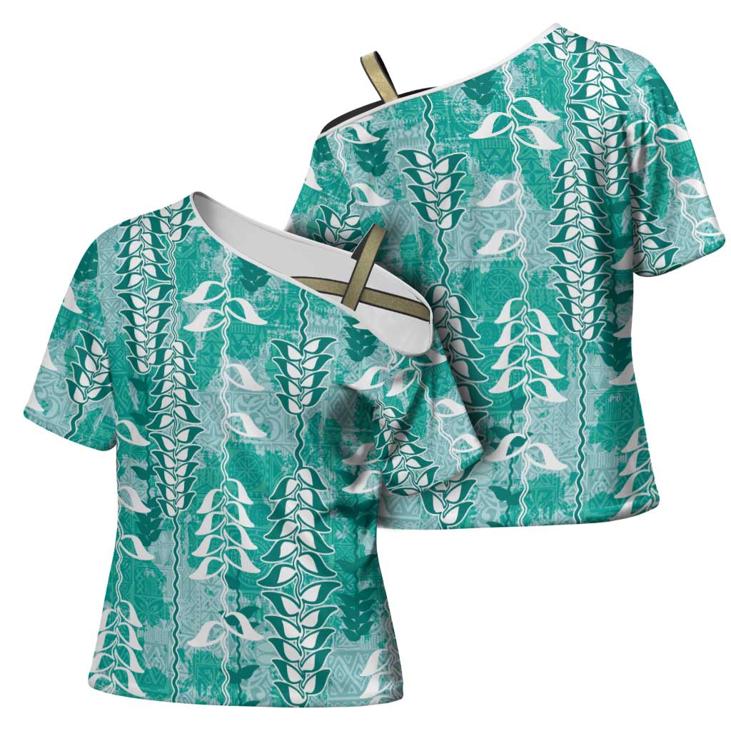 Teal Hawaii Tapa Pattern Cross Shoulder Shirt With Heliconia Vintage Style